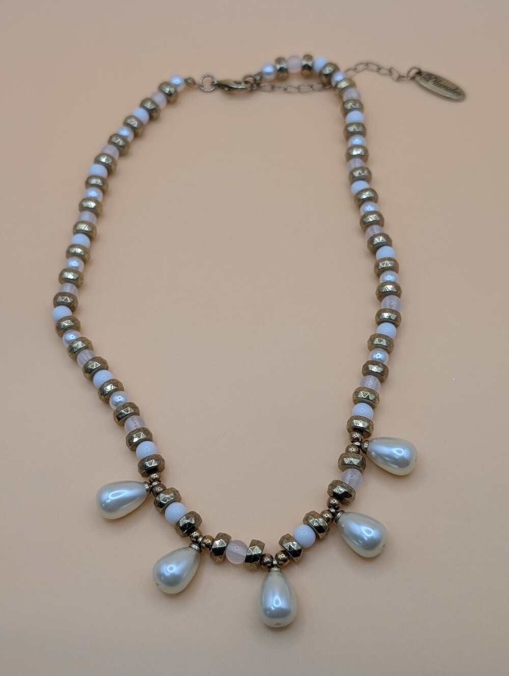 Plunder Vintage Inspired Pearl Dangle Necklace Gold Beaded Adjustable